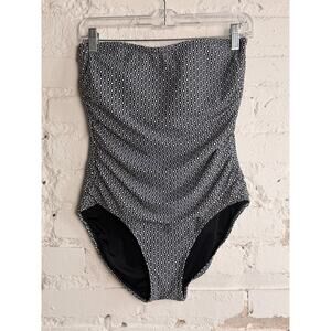 DKNY One Piece Swimsuit Strapless Tummy Control Black White Geometric L